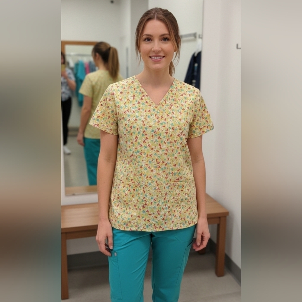 SB scrub top small yellow with abstract design